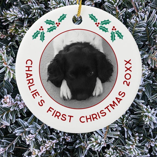 Personalised Pet Puppy Dog First Christmas Photo Ceramic Ornament (Personalized puppy dog first Christmas photo ornament)