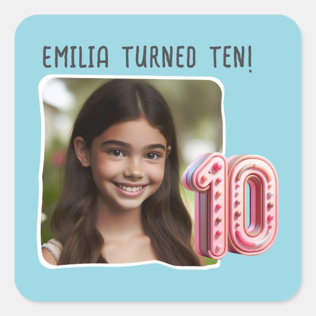 Personalised Photo 10th Birthday Party Square Sticker (Front)