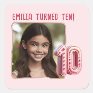 Personalised Photo 10th Birthday Party Square Sticker