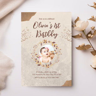 Personalised Photo 1st Birthday Brown   Invitation