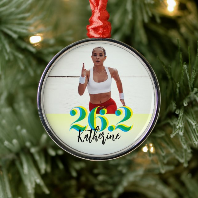 Personalised Photo 26.2 Marathon Running Green Metal Ornament (Tree)