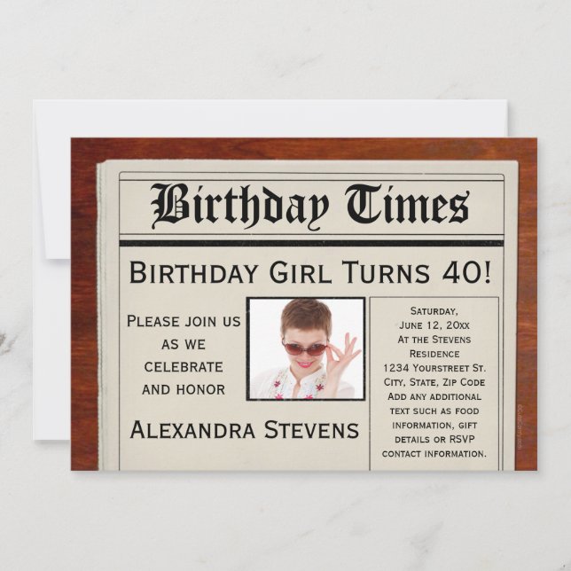 Personalised Photo 40th Birthday Party Newspaper Invitation (Front)