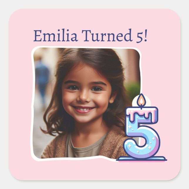 Personalised Photo 5th Birthday Party Square Sticker (Front)