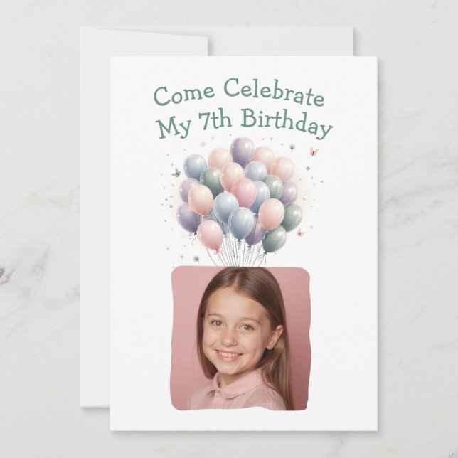 Personalised Photo 7th Birthday Balloons Invitation (Front)