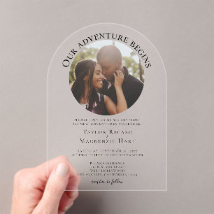 Personalised photo adventure begins wedding acrylic invitations