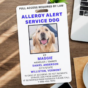 Personalised Photo Allergy Alert Service Dog ID Badge