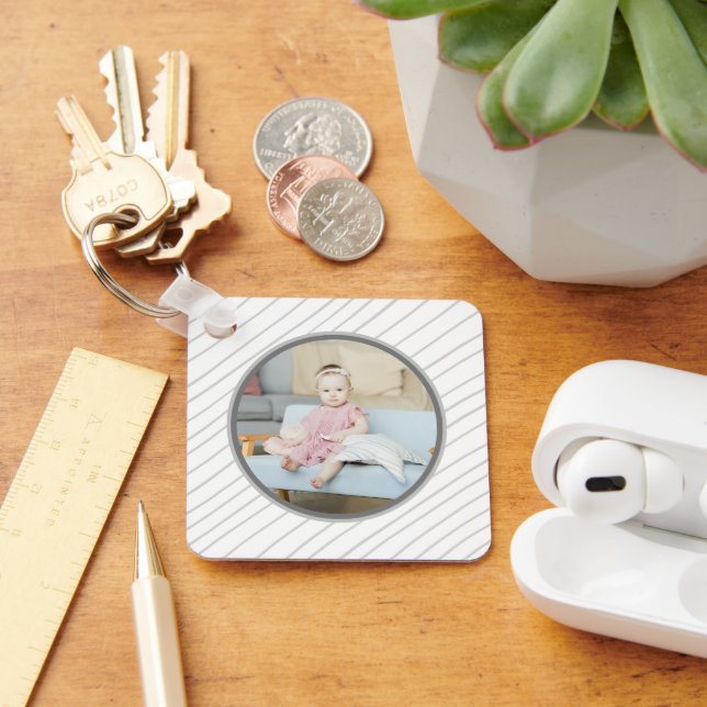 Personalised Photo and Grey Lined Pattern Key Ring (Desk)