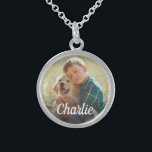 Personalised Photo and Monogram Name Pet Dog Sterling Silver Necklace<br><div class="desc">Keep your furry family member close to your heart with this beautiful photo keepsake necklace. Available in silver plate, gold plate, or sterling silver finishes. Designed to honour a beloved dog, cat, or other pet. Features a photo design with custom white script monogram overlay you can personalise with their name....</div>