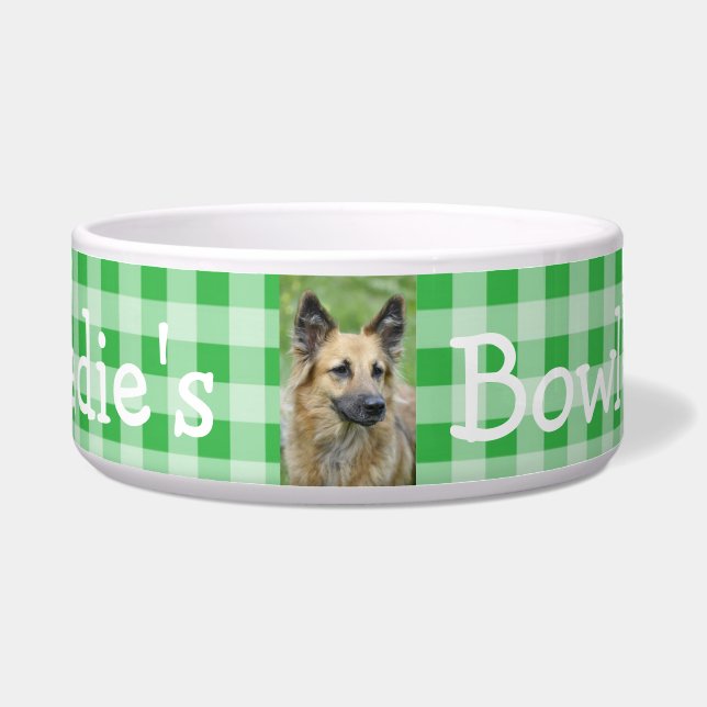 Personalised Photo and Name Dog Bowl Green Gingham (Front)