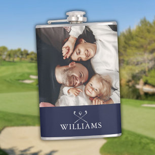 Personalised Photo And Name Golf Clubs Navy Blue Hip Flask