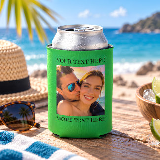 Personalised Photo and Text Green Can Cooler