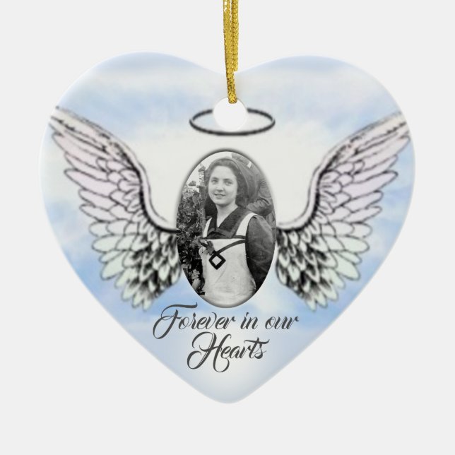 Personalised Photo Angel Wings and Heart Memorial Ceramic Ornament (Front)