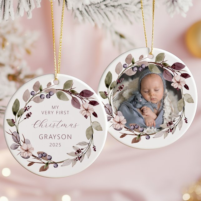 Personalised Photo Baby 1st Christmas Purple Ceramic Ornament (Creator Uploaded)