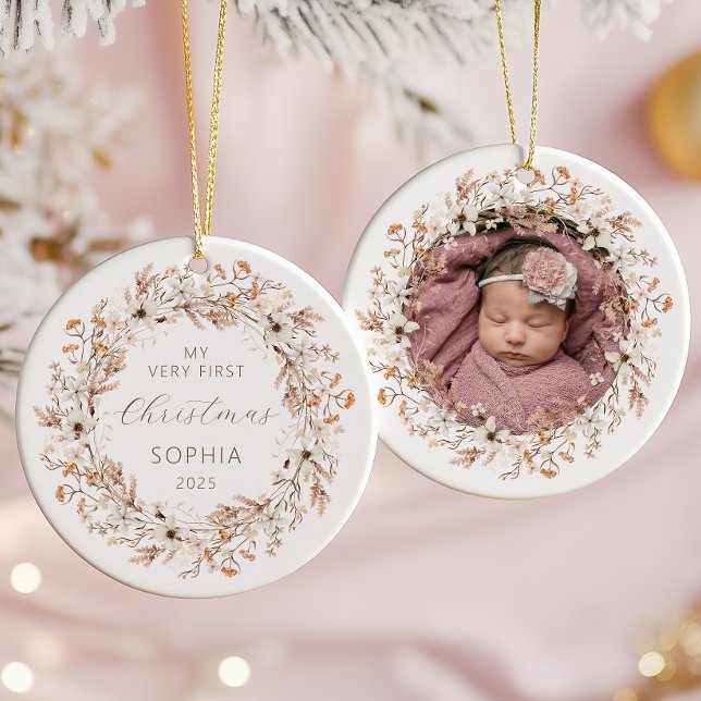 Personalised Photo Baby 1st Christmas Wildflowers Ceramic Ornament (Creator Uploaded)