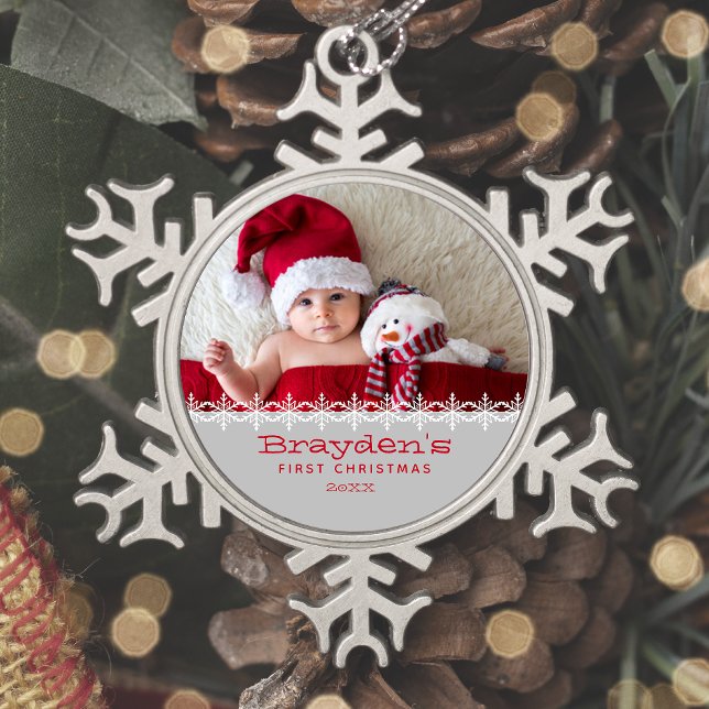Personalised Photo Baby's First Christmas Grey Red Snowflake Pewter Christmas Ornament (Creator Uploaded)