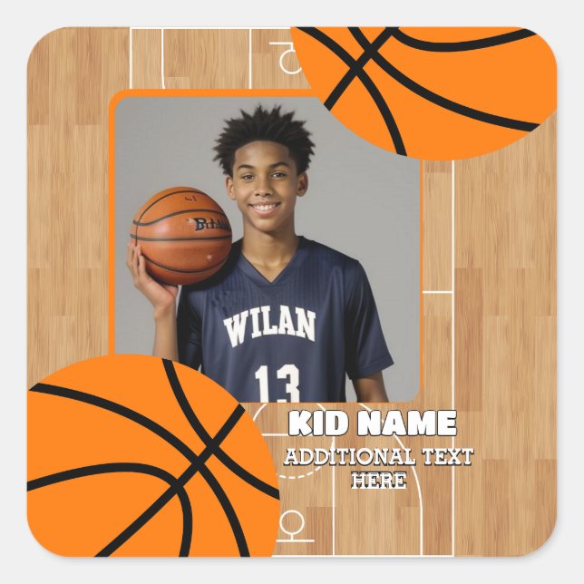 Personalised Photo Basketball Player Name Square Sticker (Front)