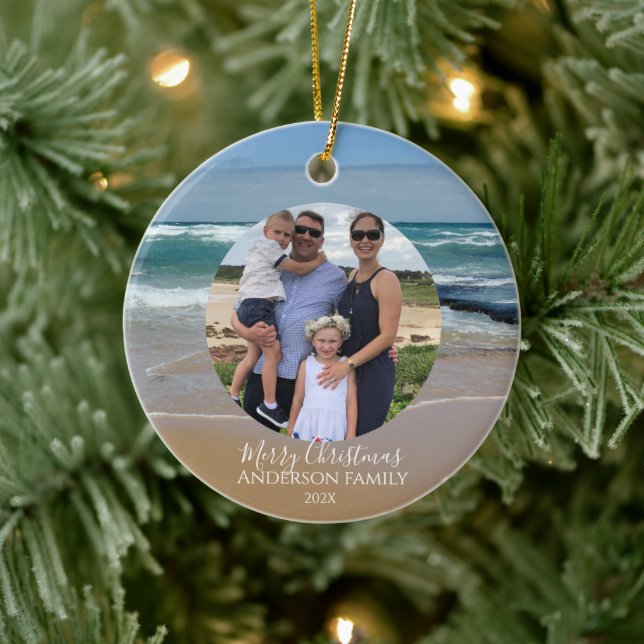 Personalised Photo Beach Ocean Christmas Card Ceramic Ornament (Tree)