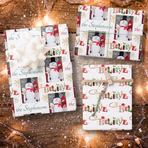 Personalised Photo BELIEVE Christmas Typography Wrapping Paper Sheet