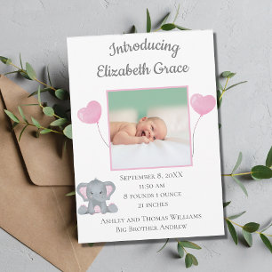 Personalised Photo Birth Stats Girl Baby Elephant  Announcement