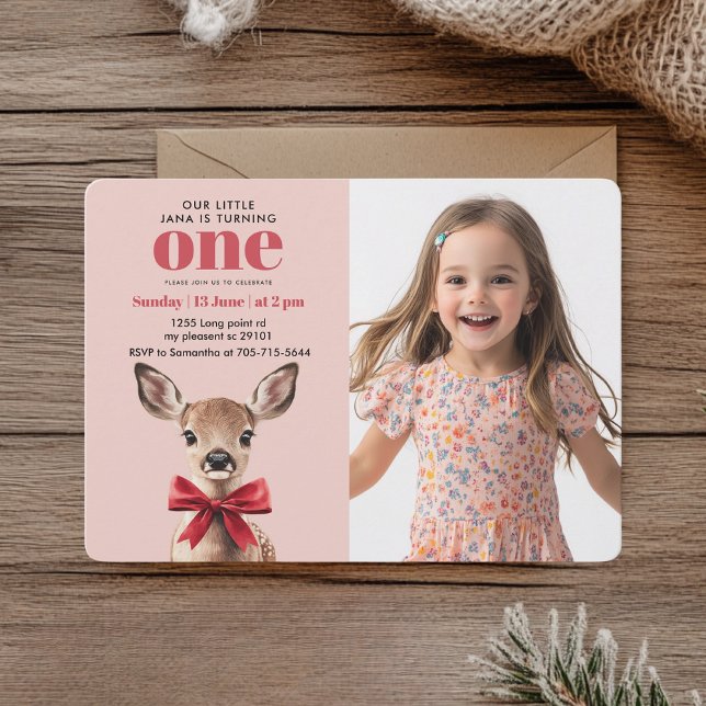 Personalised Photo Birthday | Pink & Red Deer  Invitation (Creator Uploaded)