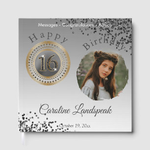 Personalised Photo Black Glitter Sweet 16 Birthday Guest Book