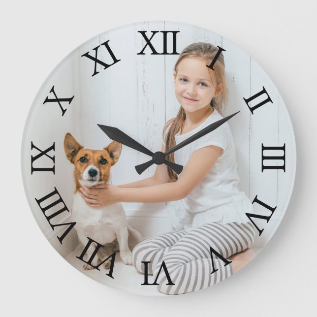 Personalised Photo Black Roman Numbers Large Clock (Front)