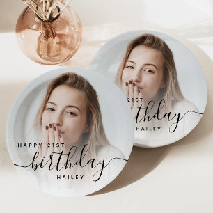 Personalised Photo Black Script 21st Birthday Paper Plate