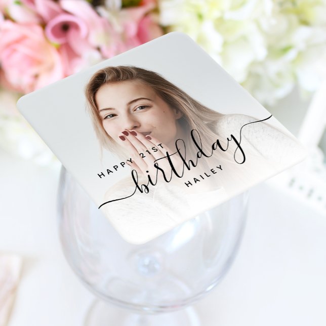 Personalised Photo Black Script 21st Birthday Square Paper Coaster (Creator Uploaded)