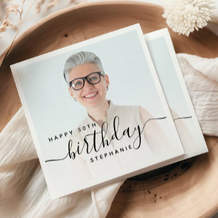 Personalised Photo Black Script 50th Birthday Napkin