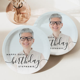 Personalised Photo Black Script 50th Birthday Paper Plate