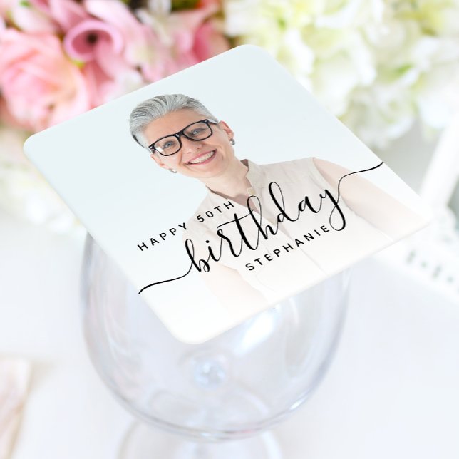 Personalised Photo Black Script 50th Birthday Square Paper Coaster (Creator Uploaded)
