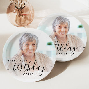 Personalised Photo Black Script 70th Birthday Paper Plate