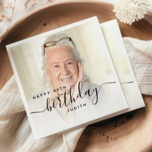 Personalised Photo Black Script 80th Birthday Napkin