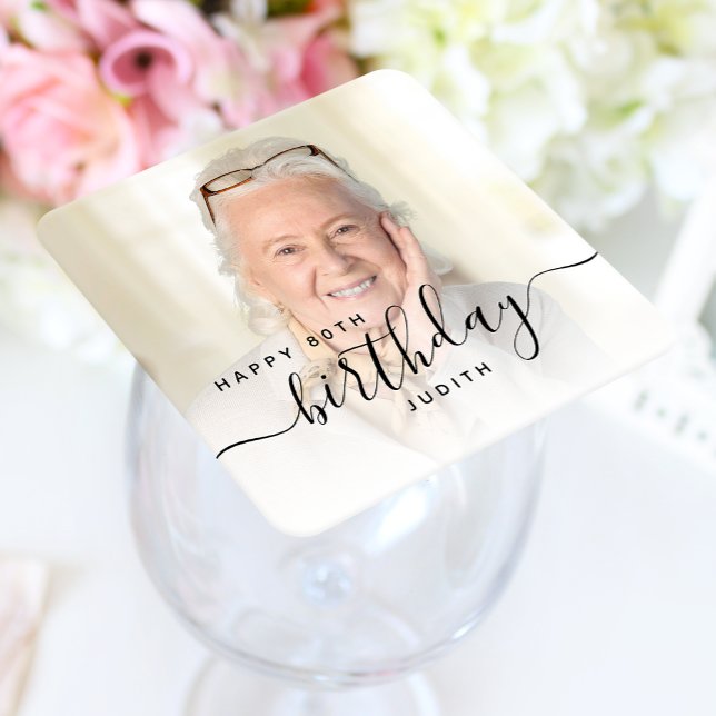 Personalised Photo Black Script 80th Birthday Square Paper Coaster (Creator Uploaded)