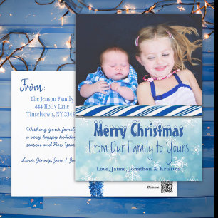 Personalised Photo Blue Candy Cane Christmas Holiday Postcard