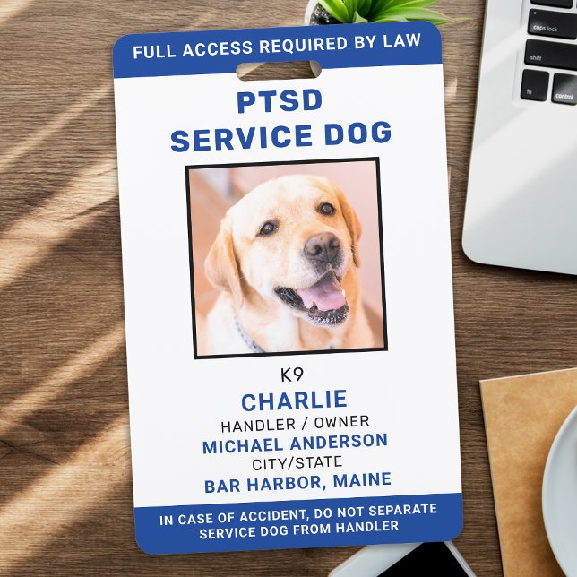 Personalised Photo Blue White PTSD Service Dog ID ID Badge (Creator Uploaded)