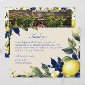 Personalised Photo Blue Yellow Botanical Wedding Thank You Card