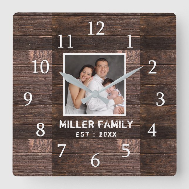  Personalised Photo Brown Wood Family Name  Square Wall Clock (Front)