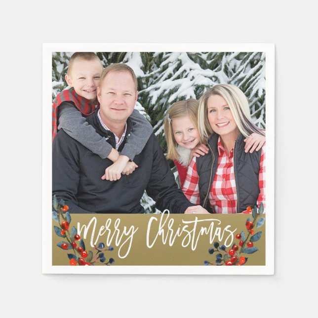 Personalised Photo Christmas Berries Holiday Party Napkin (Front)