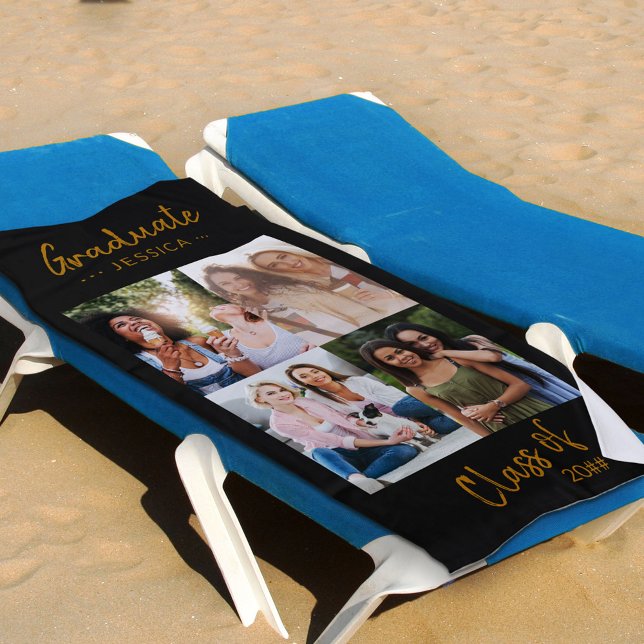 Personalised Photo Collage Black Gold Graduation Beach Towel (Creator Uploaded)