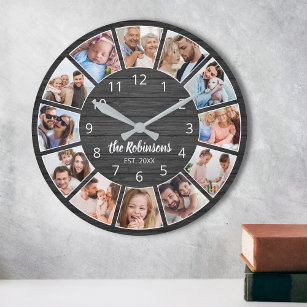 Personalised Photo Collage Black Wood Family Large Clock