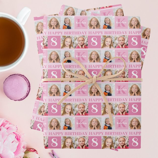 Personalised Photo Collage Cute Pink Girl Birthday Wrapping Paper Sheet (Creator Uploaded)