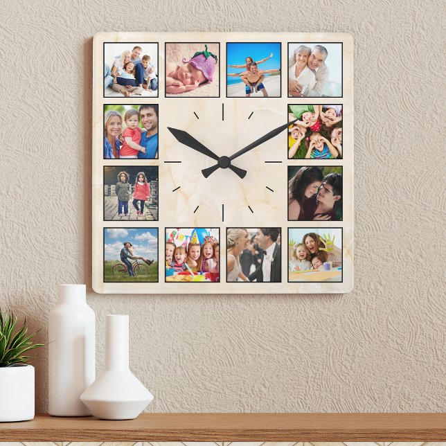 Personalised Photo Collage Elegant Beige Marble Square Wall Clock (Creator Uploaded)