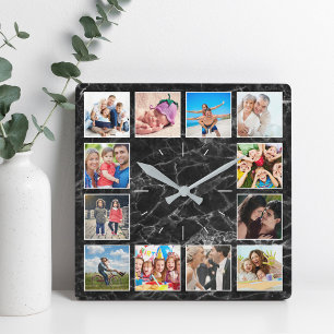 Personalised Photo Collage Elegant Black Marble Square Wall Clock