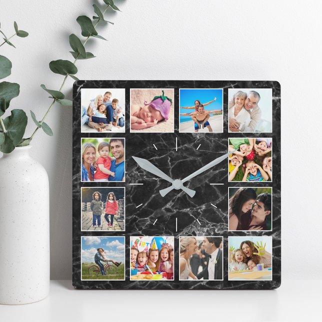 Personalised Photo Collage Elegant Black Marble Square Wall Clock (Creator Uploaded)