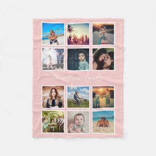 Personalised Photo Collage Family Blush Pink Fleece Blanket