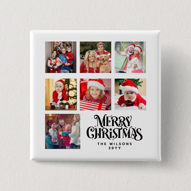 Personalised Photo Collage Family Name Christmas 15 Cm Square Badge (Front)