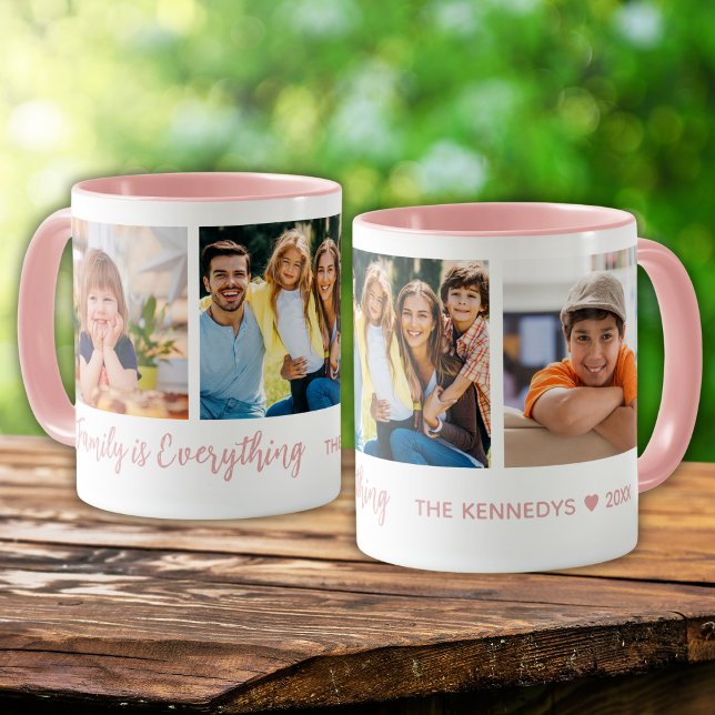 Personalised Photo Collage Family Name Quote Pink  Mug (Creator Uploaded)