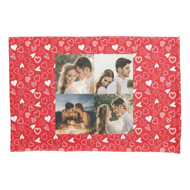 Personalised photo collage Hearts pattern red  Pillowcase (Front)