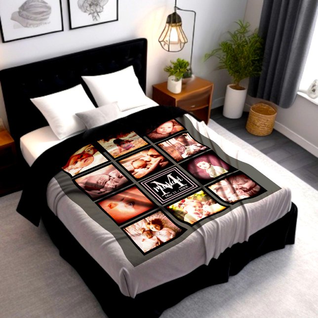 Personalised photo collage monogrammed initial   fleece blanket (Personalized photo collage blanket with name initial monogram)